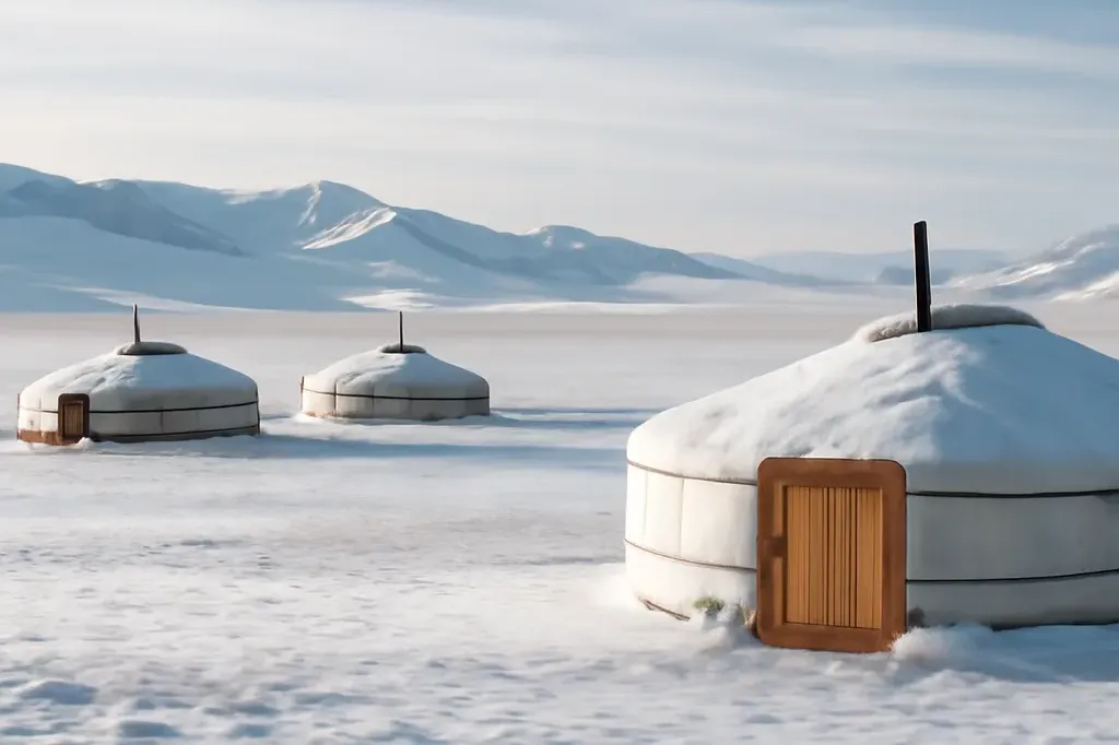 Campement nomade mongol sous la neige en hiver