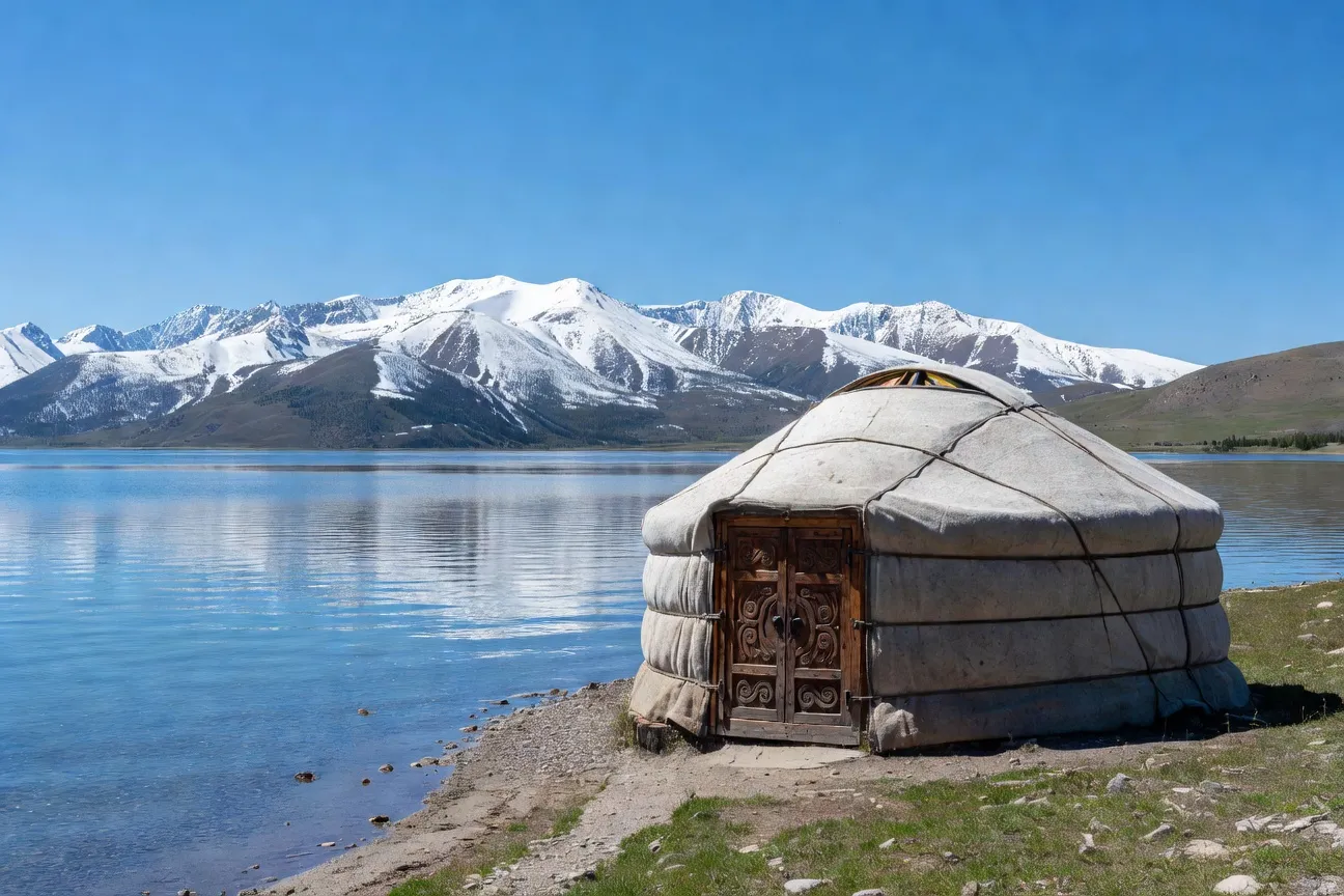 Yourte mongole au bord du lac Khovsgol avec montagnes enneigées en arrière-plan