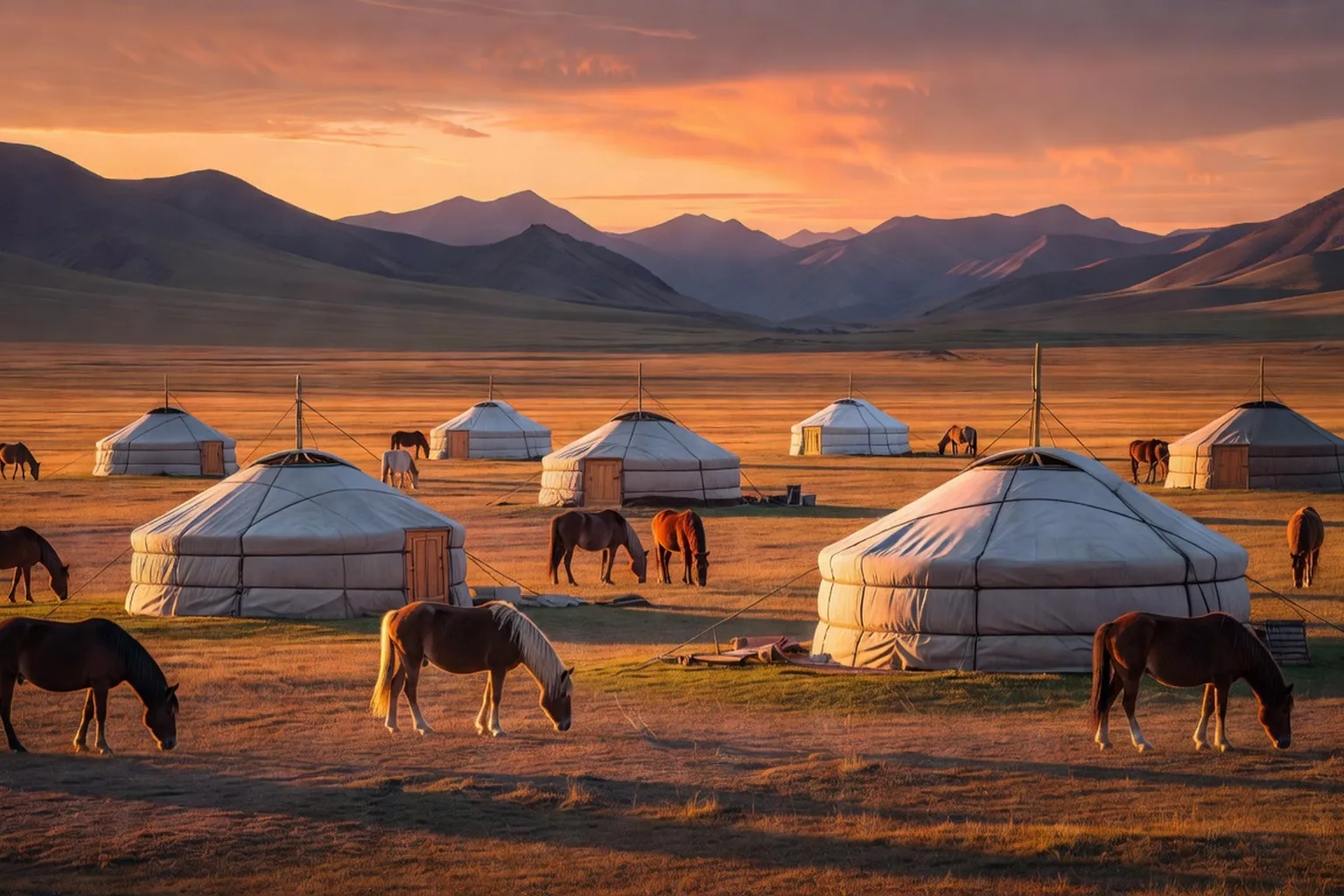 Yourte traditionnelle sur la steppe mongole du Khangaï, troupeau de chevaux en arrière-plan