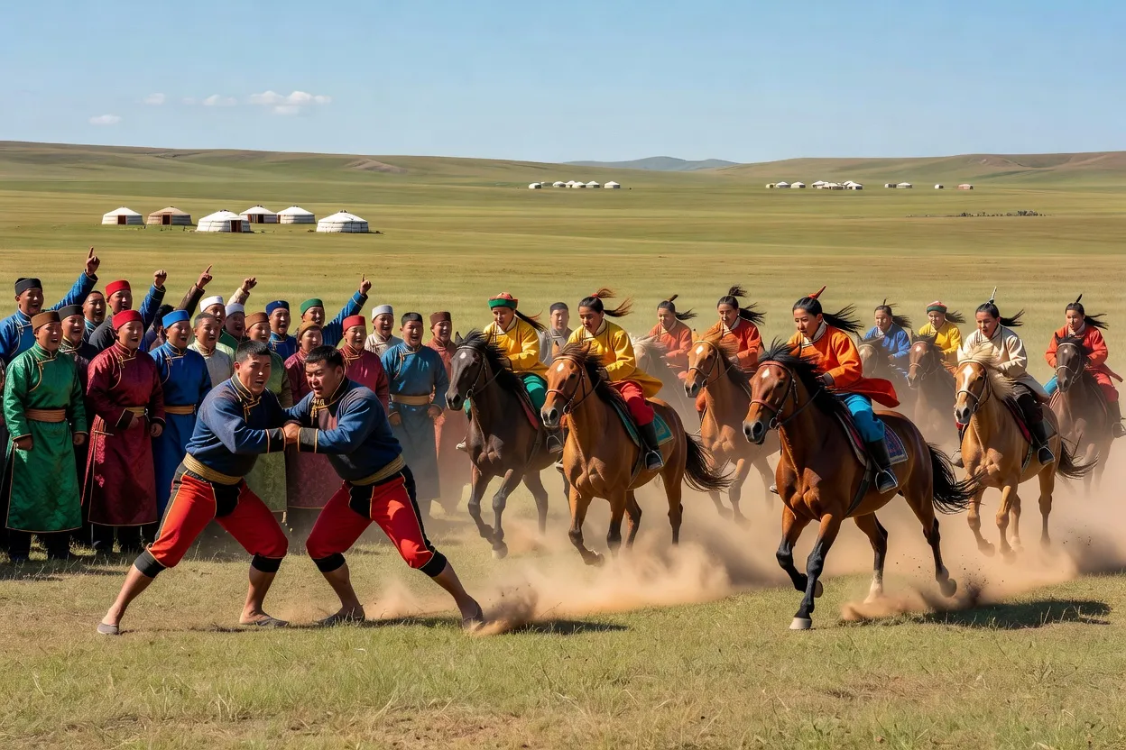 Steppe mongole verdoyante en été avec troupeau de chevaux