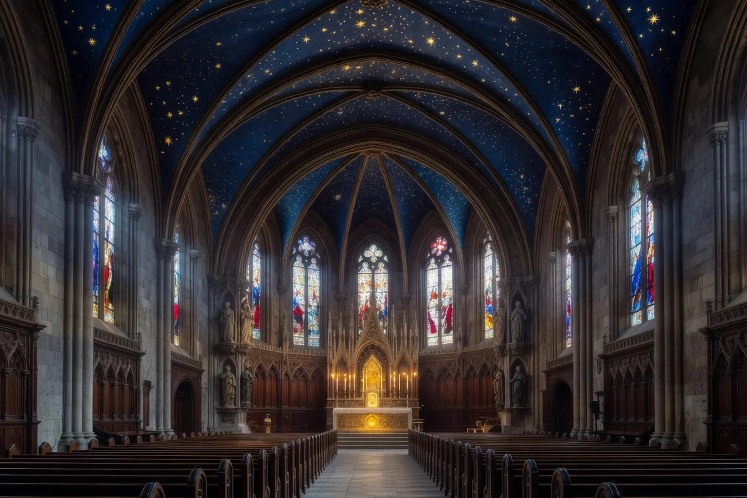 Interieur de la Basilique Notre-Dame de Montreal avec voute etoilee