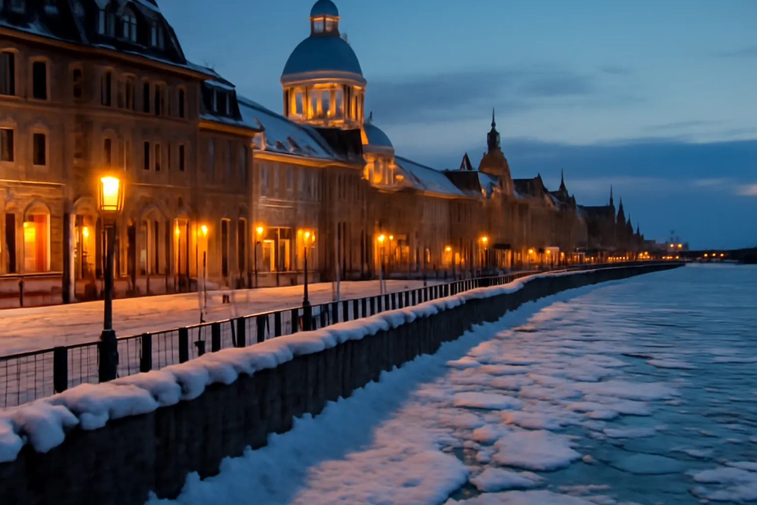 Vieux-Port de Montreal avec promenade et horloge en hiver