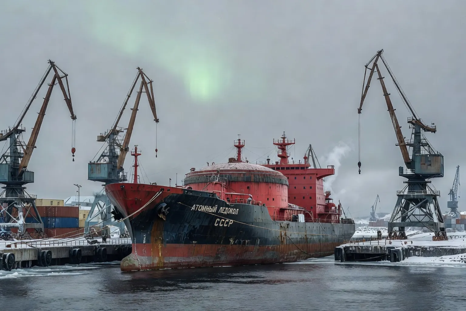 Port de Mourmansk en hiver avec brise-glace nucleaire a quai