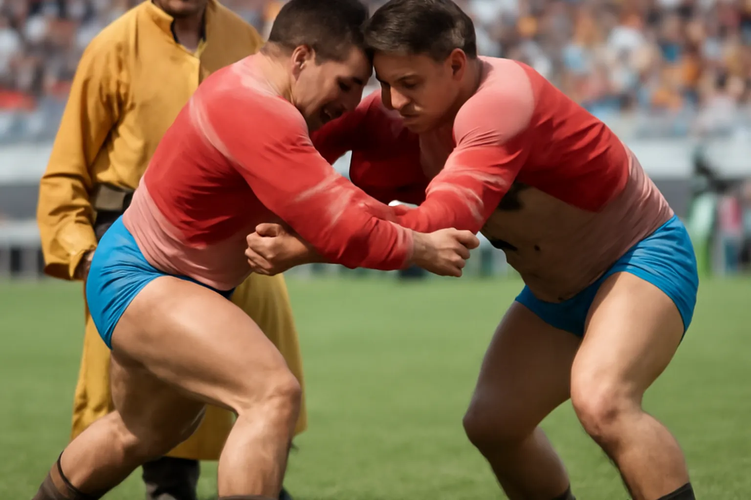 Lutteurs mongols en costume traditionnel pendant un combat du Naadam