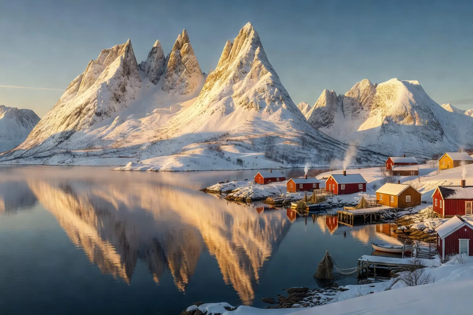 Paysage de fjord arctique avec montagnes pointues a Senja en Norvege du Nord