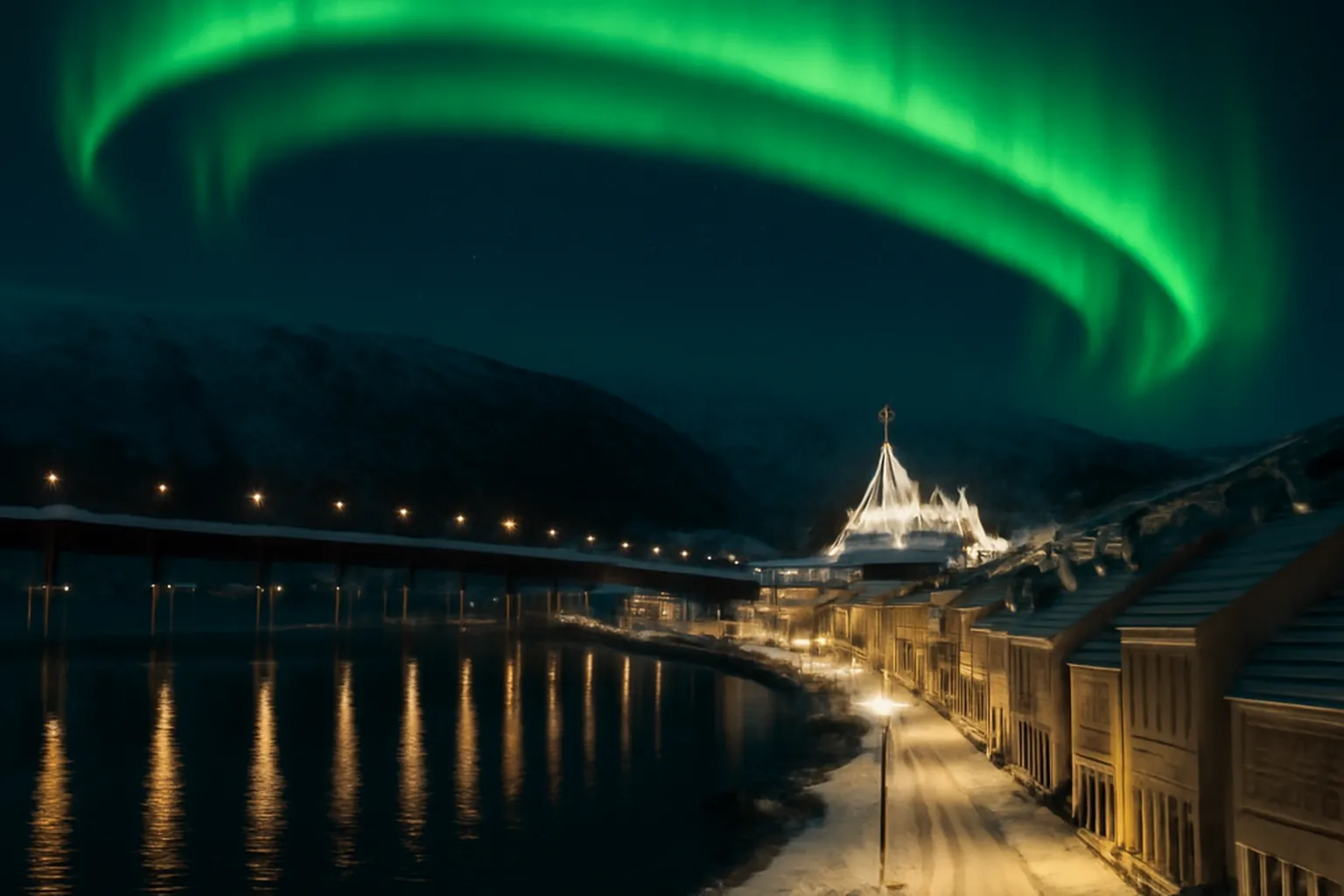 Vue nocturne de Tromsø depuis le Fjellheisen avec lumieres de la ville et fjord