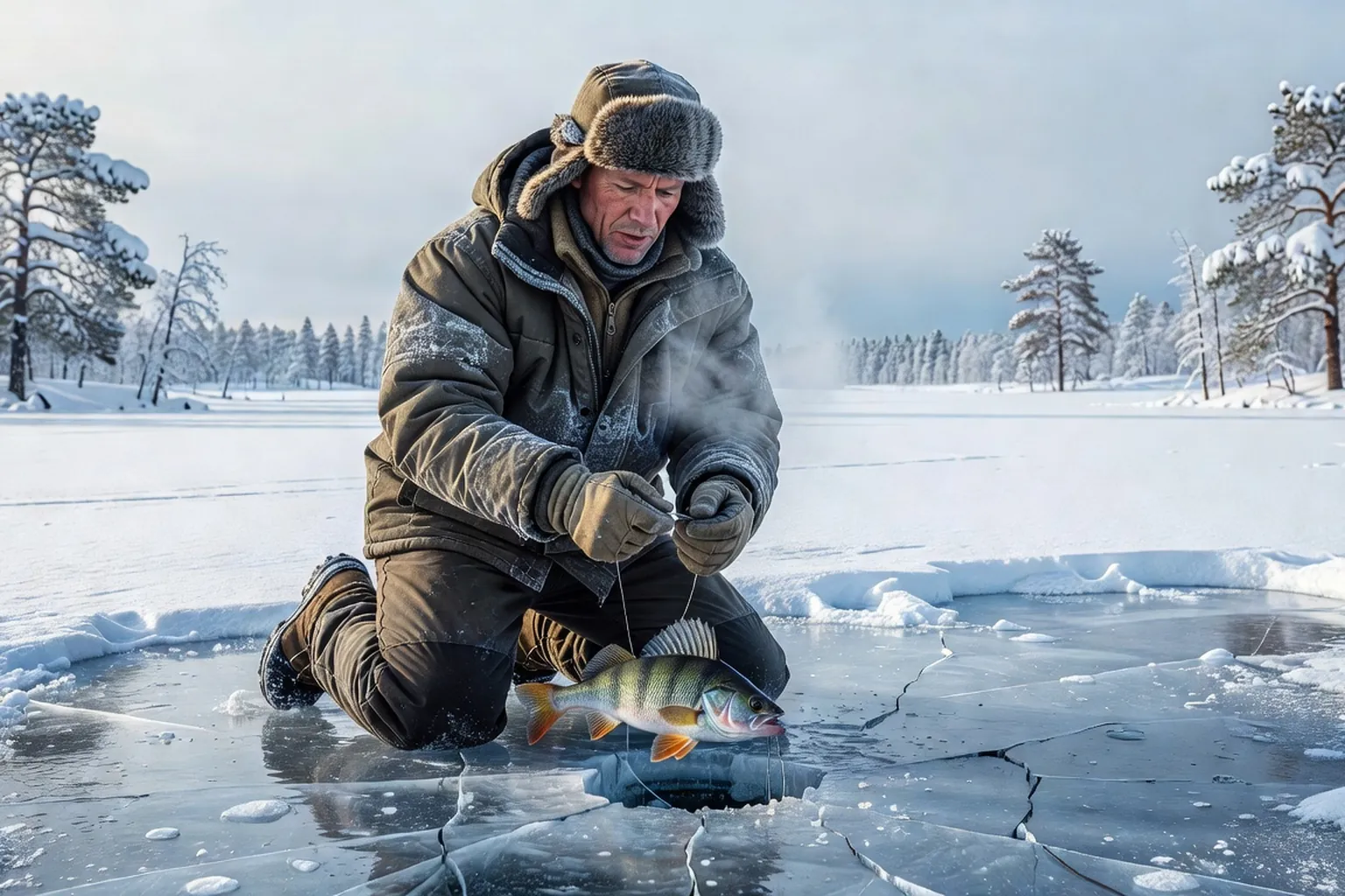 Perche pechée a travers un trou dans la glace en Laponie finlandaise