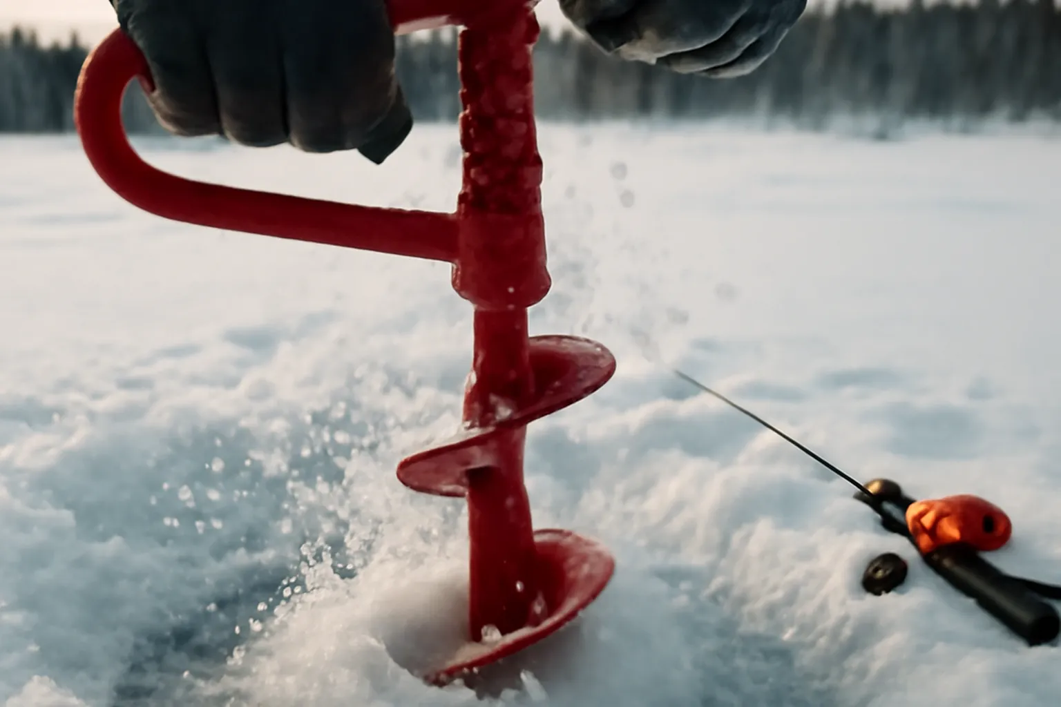 Pecheur sur un lac gele avec tariere et canne a pilkki en Laponie