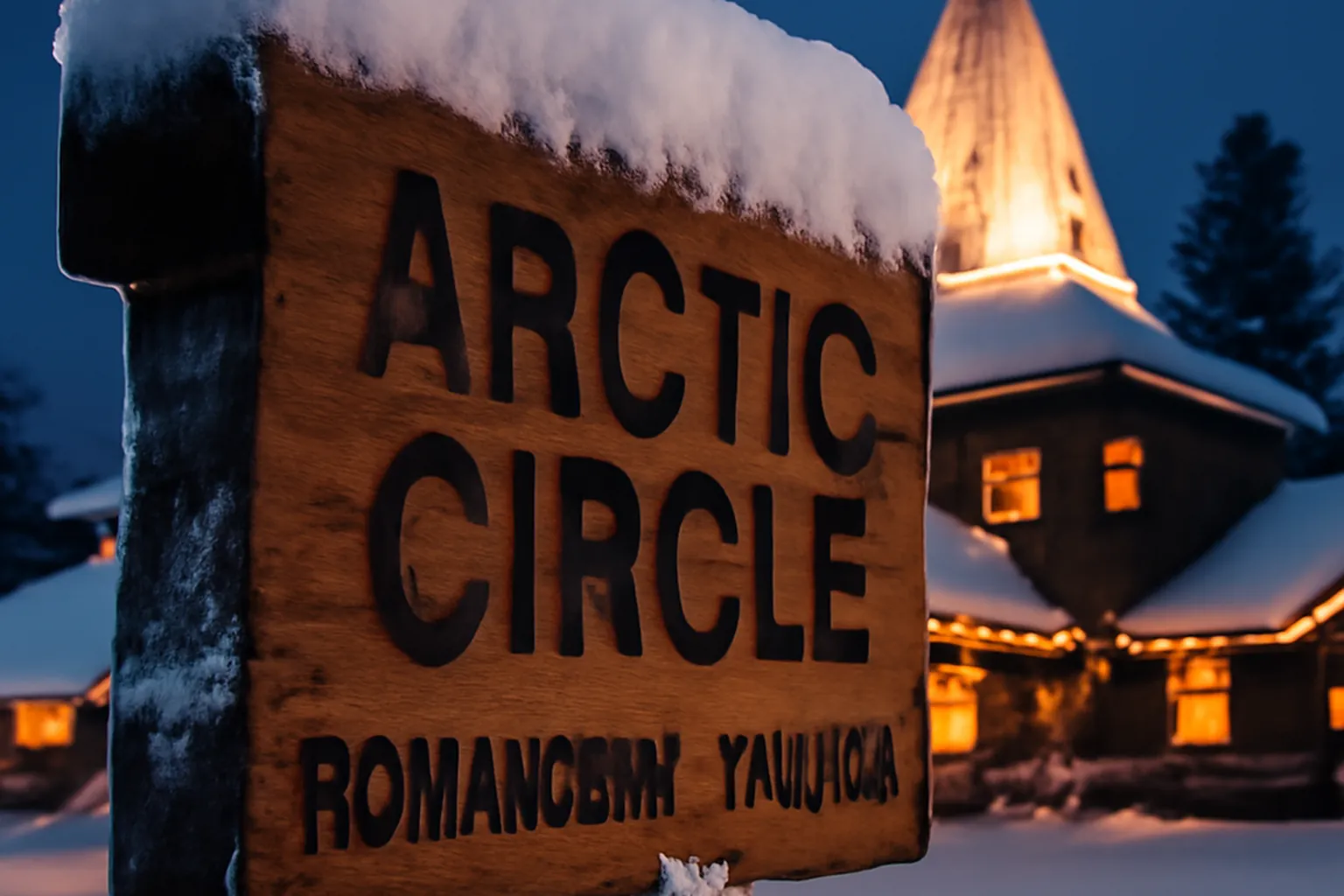 Ligne blanche du cercle polaire arctique au sol a Rovaniemi avec chalets en arriere-plan