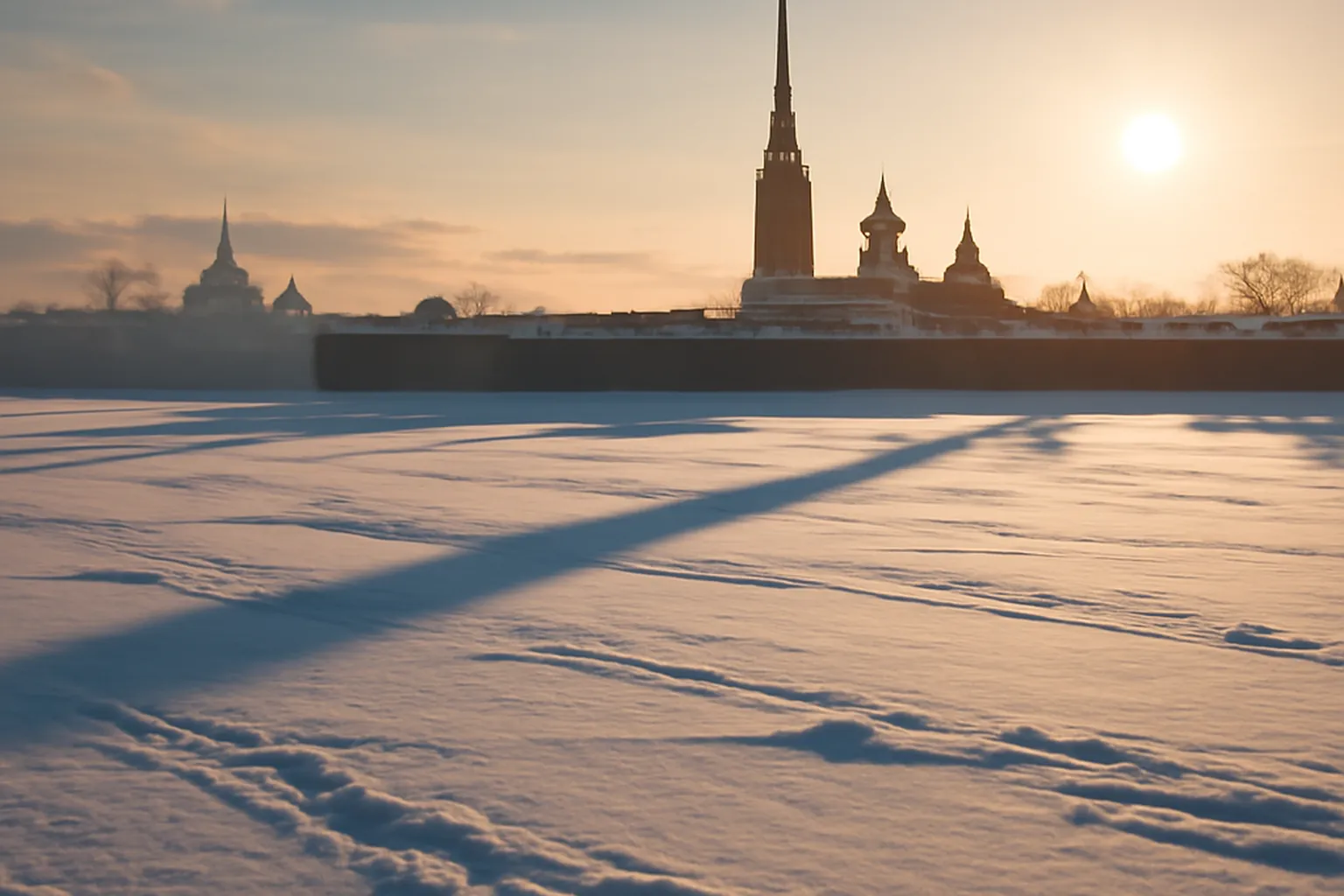 Vue de la Neva gelee avec la forteresse Pierre-et-Paul sous la neige
