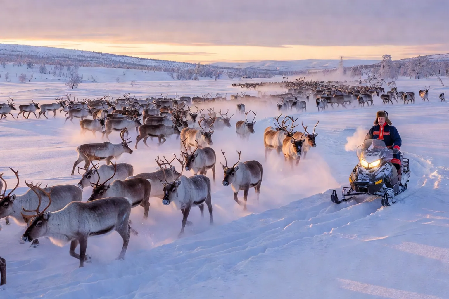 Eleveur Sami accompagnant son troupeau de rennes en hiver