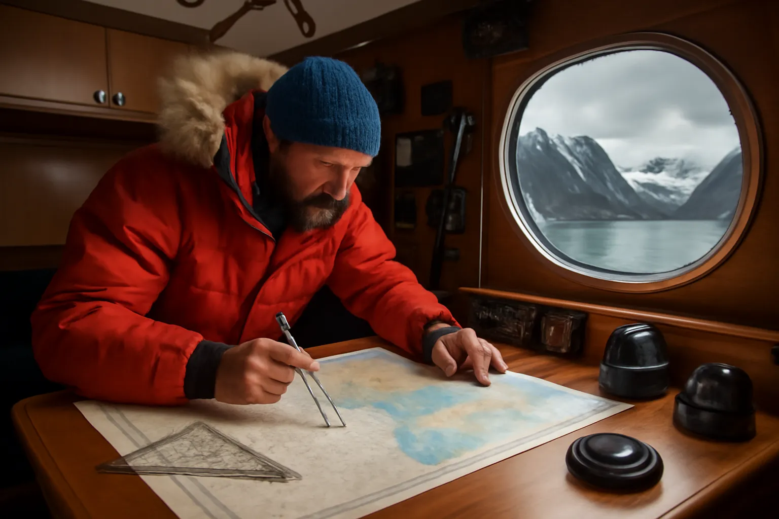 Skipper polaire à la barre pendant une expédition arctique