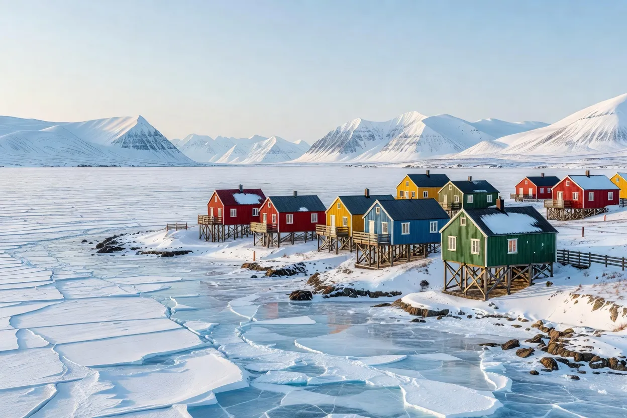 Vue sur Longyearbyen et la banquise du Spitzberg depuis les hauteurs