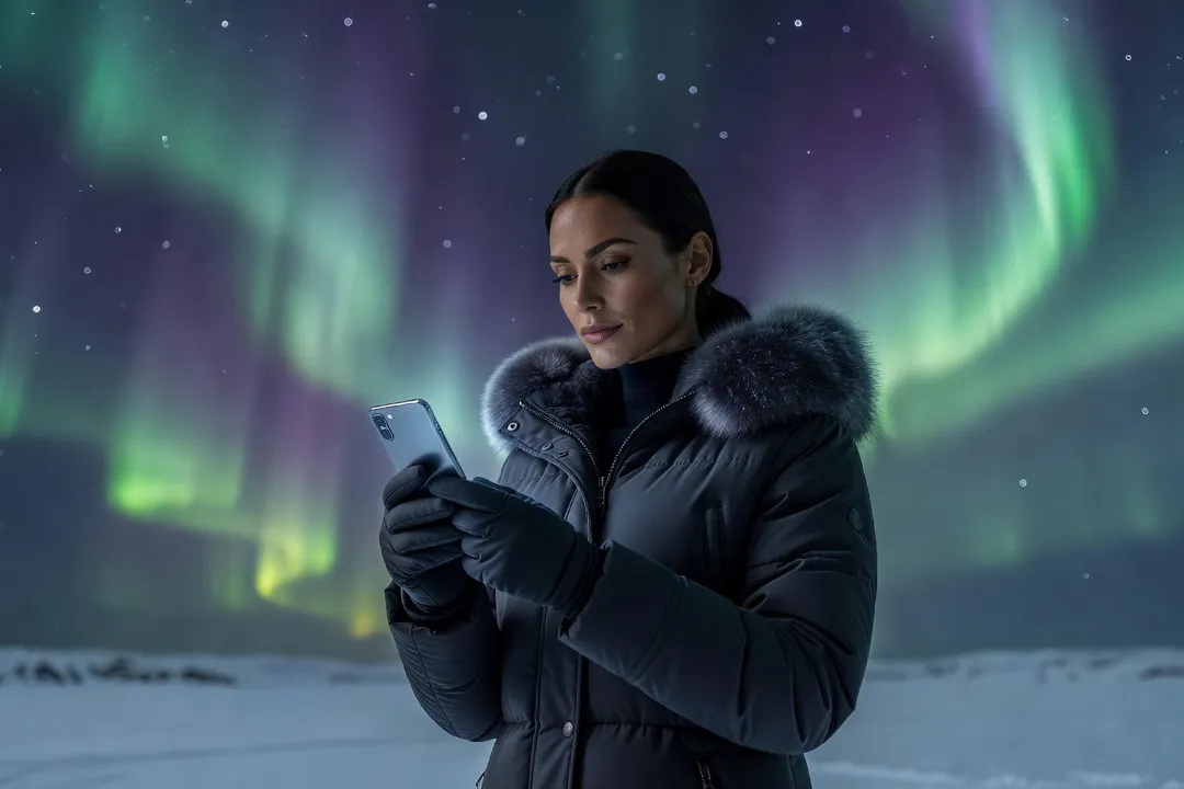 Femme consultant une application meteo spatiale sur son telephone sous une aurore boreale nocturne
