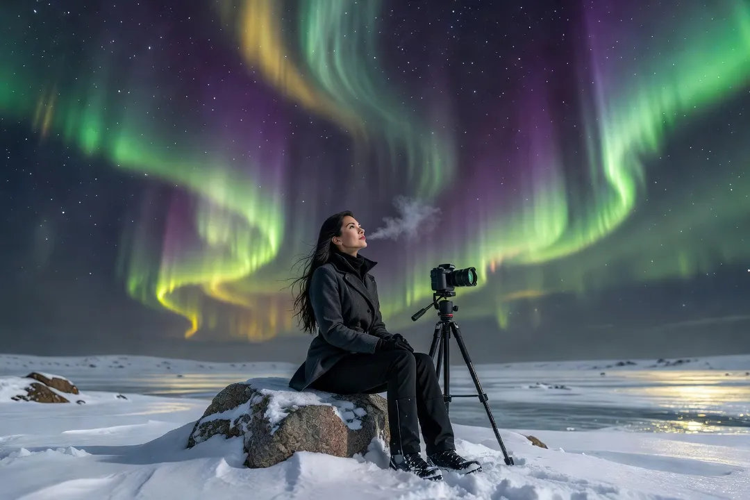 Femme assise sur un rocher enneige observant une aurore boreale intense avec appareil photo sur trepied