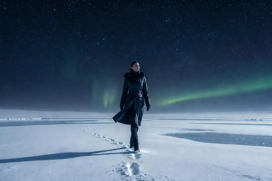 Femme marchant seule sur un lac gele sous un ciel etoile avec une fine aurore boreale a l'horizon