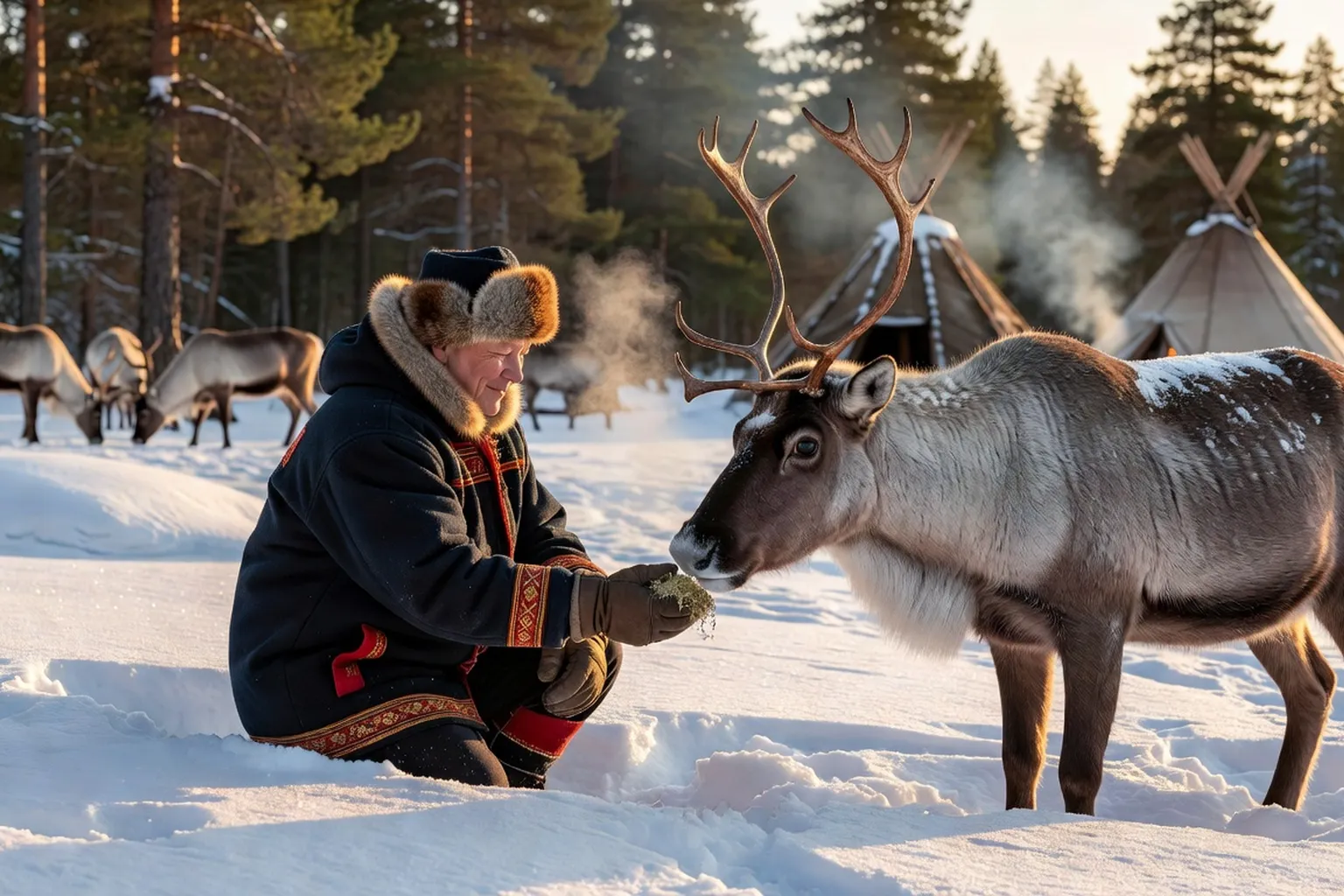 Voyageur nourrissant un renne à la main dans un village sami en hiver