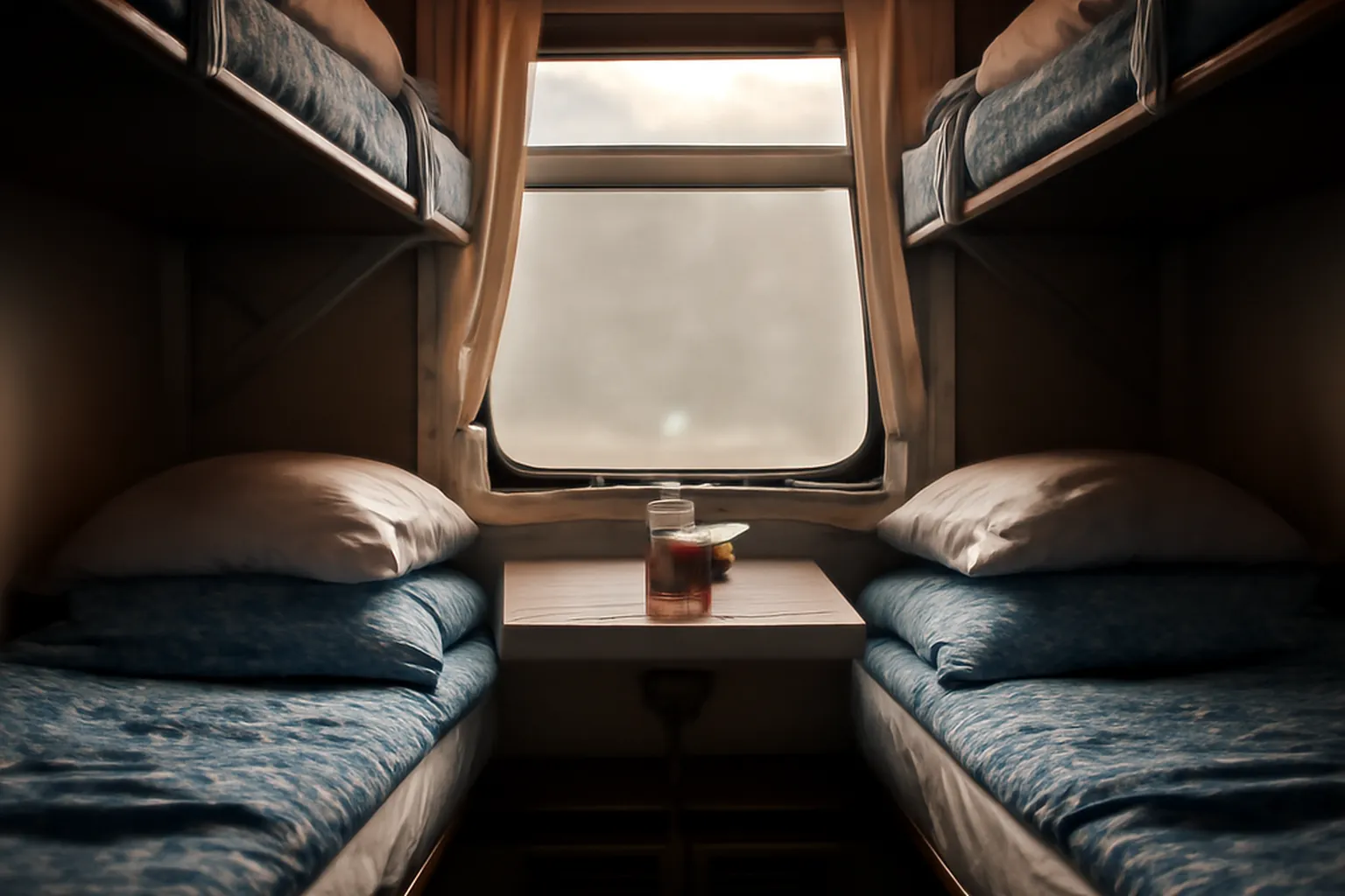 Interieur de compartiment kupe du Transsiberien avec couchettes et the