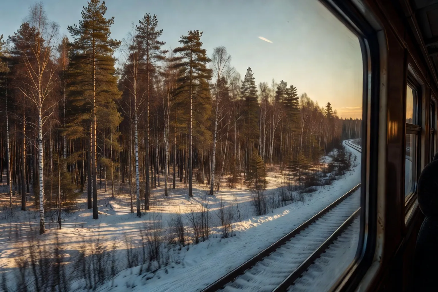 Paysage de taiga siberienne enneigee vu depuis la fenetre du Transsiberien