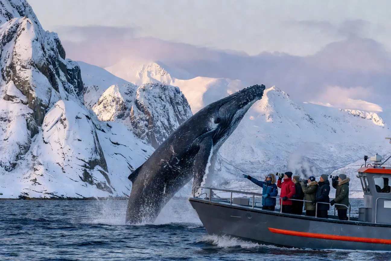 Baleines à bosse émergeant près des fjords enneigés de Norvège en hiver
