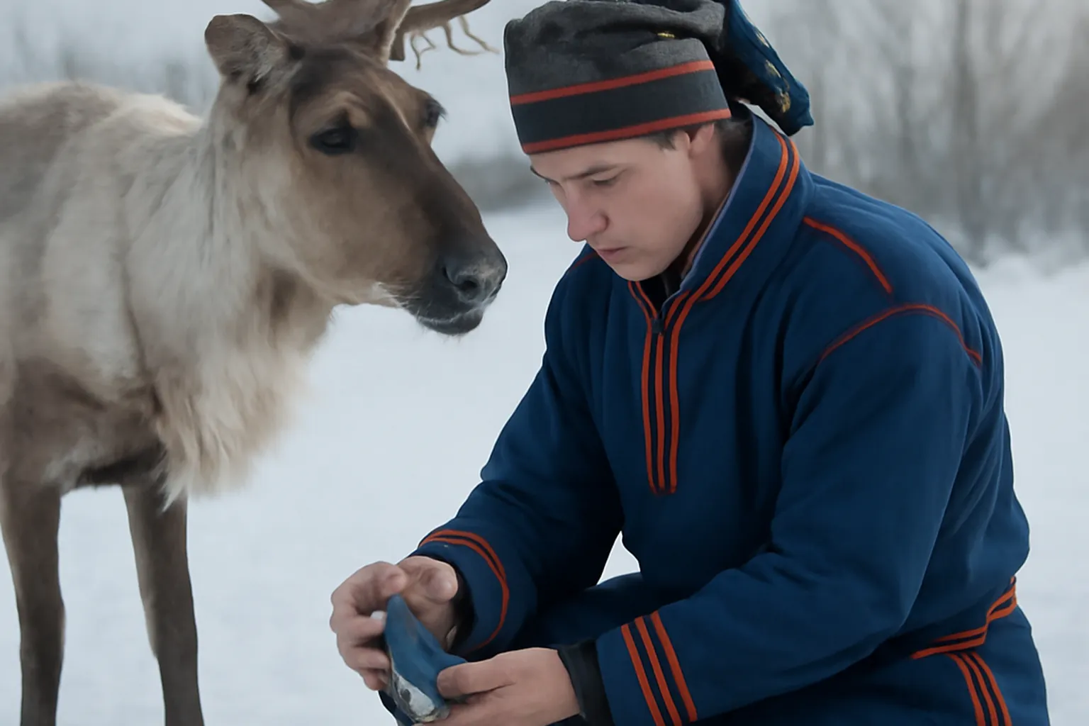Eleveur de rennes conduisant son troupeau a travers une vallee arctique