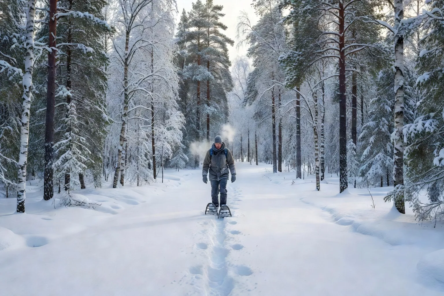 Randonneur en raquettes dans une foret nordique silencieuse