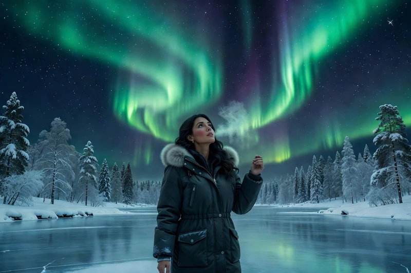 Femme en parka observant des aurores boréales vertes au-dessus d’un lac gelé de Laponie en janvier