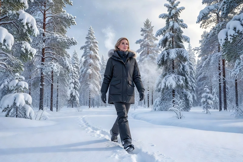 Femme en équipement d’hiver marchant dans une forêt enneigée de Laponie par -25 °C