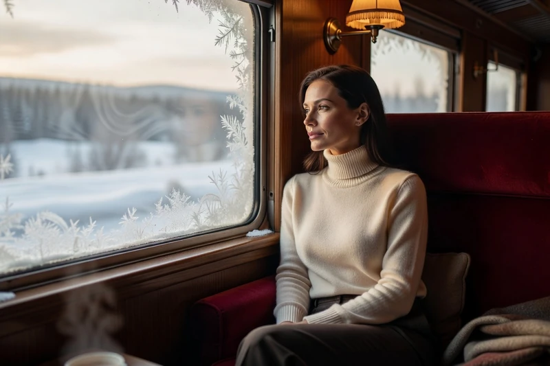Femme voyageuse regardant le paysage enneigé depuis la fenêtre d’un wagon du Transsibérien en hiver