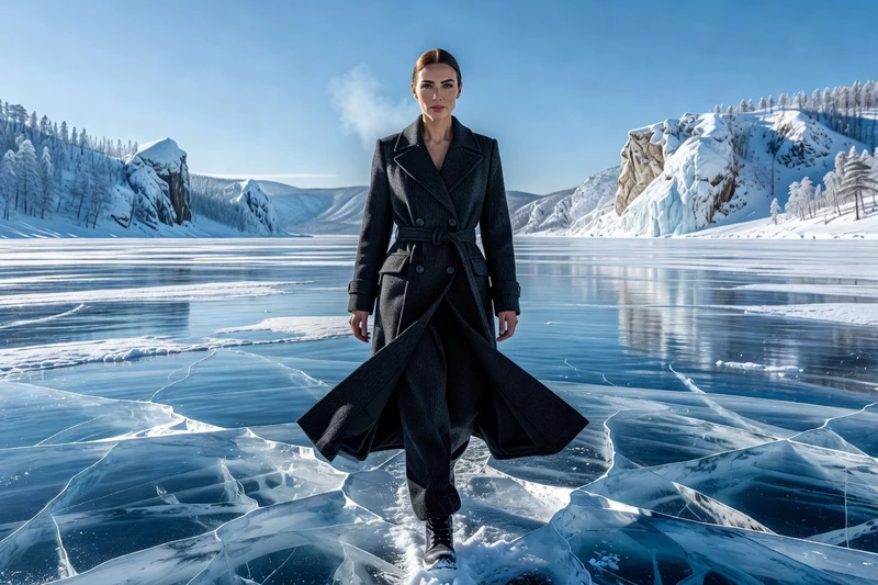 Femme en manteau d’hiver marchant sur la glace du lac Baïkal en janvier