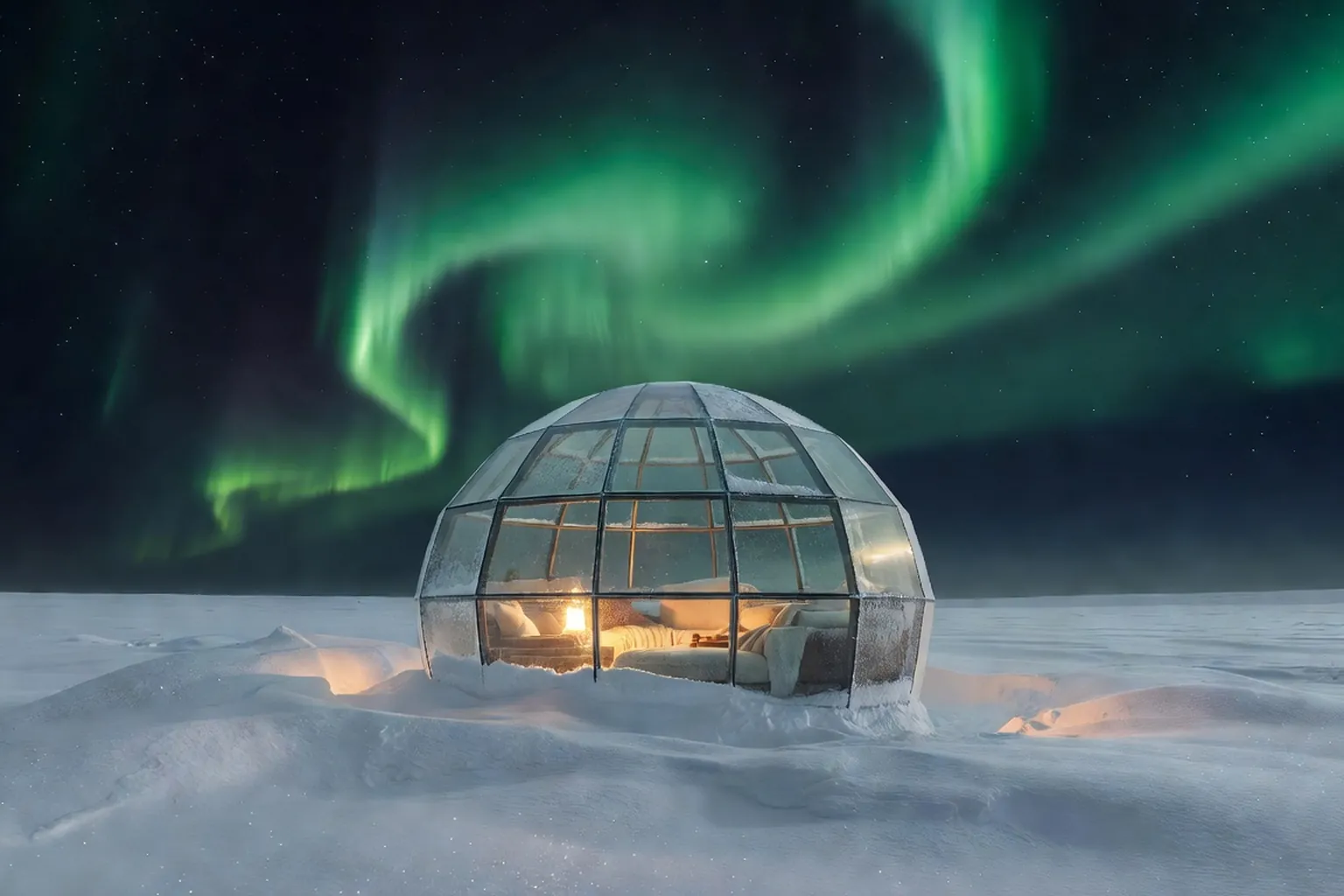 Igloo de verre sous les aurores