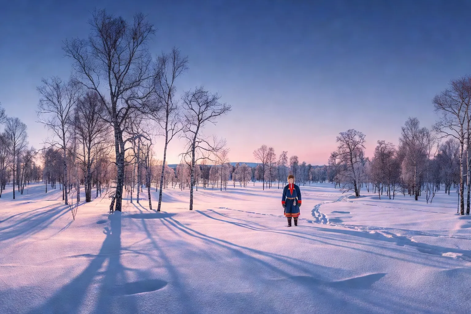 Laponie finlandaise, foret de bouleaux enneigee