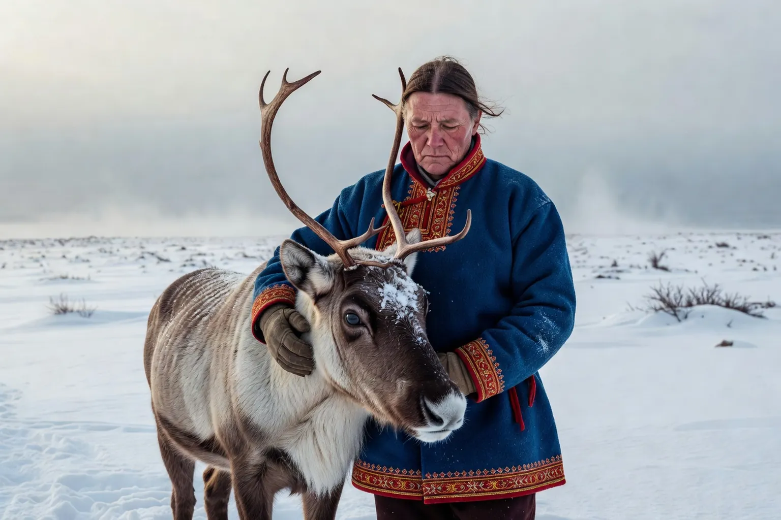 Eleveur de rennes sami et troupeau